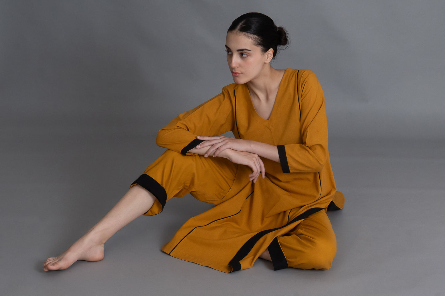 Mustered Cotton V-Neck Dress