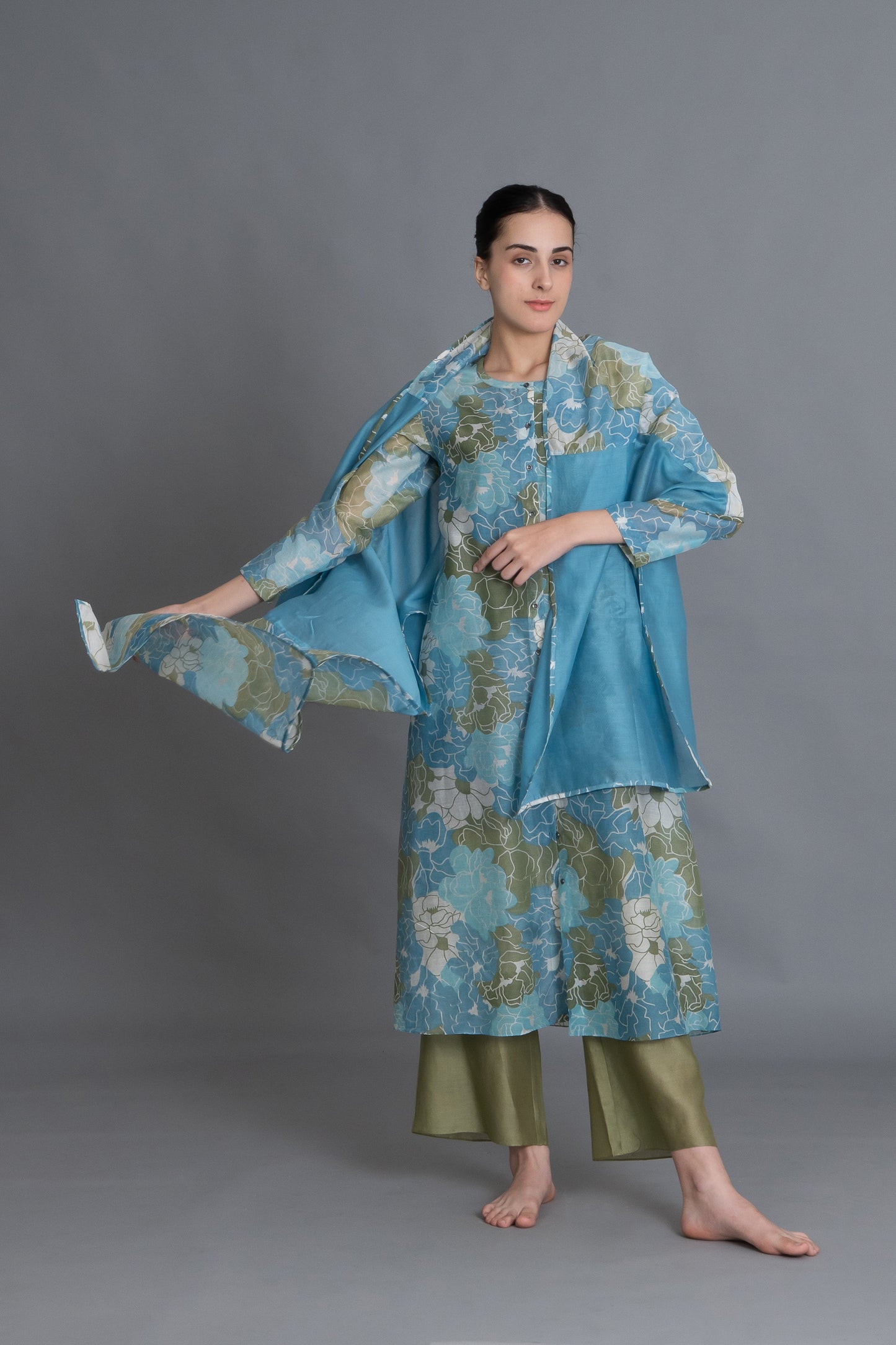Ocean Blue Floral Print Kurta Co-Ord with scraff