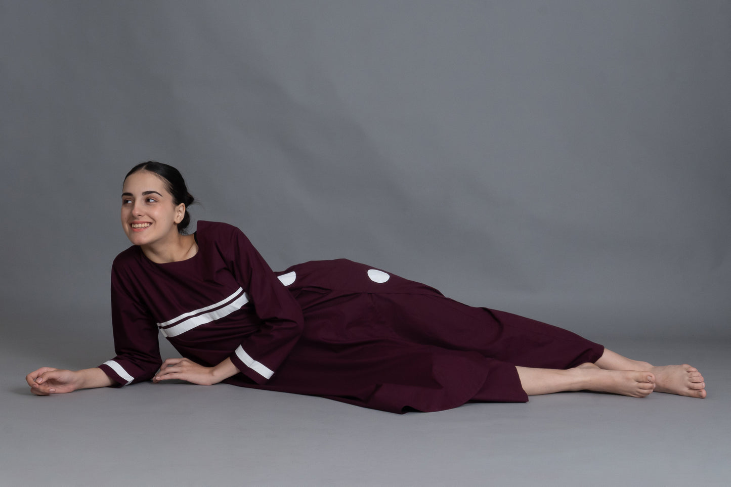 Maroon Polka Pleated Back Dress Co-ord