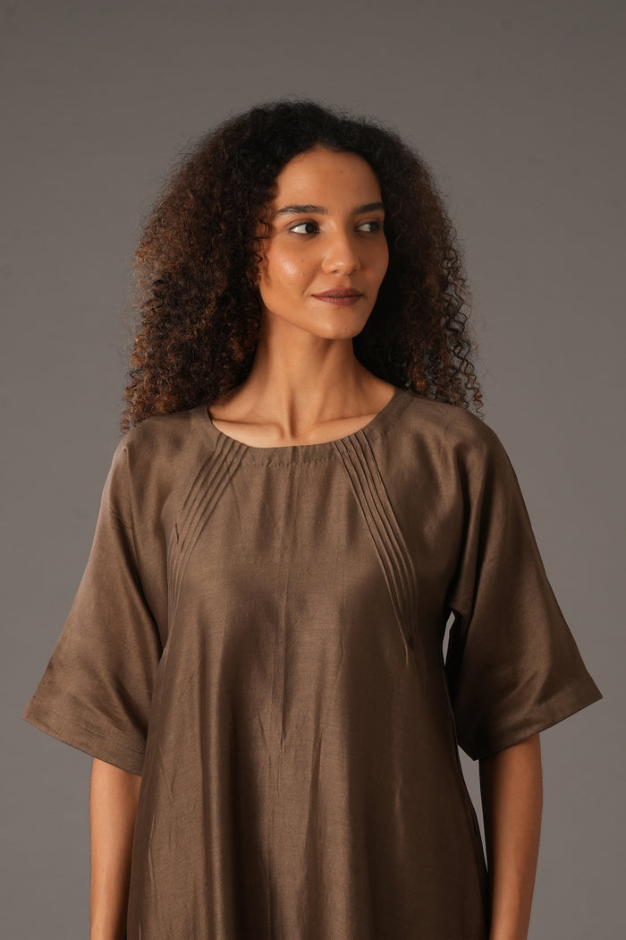 Olive Round Neck Piping Dress Co-ord