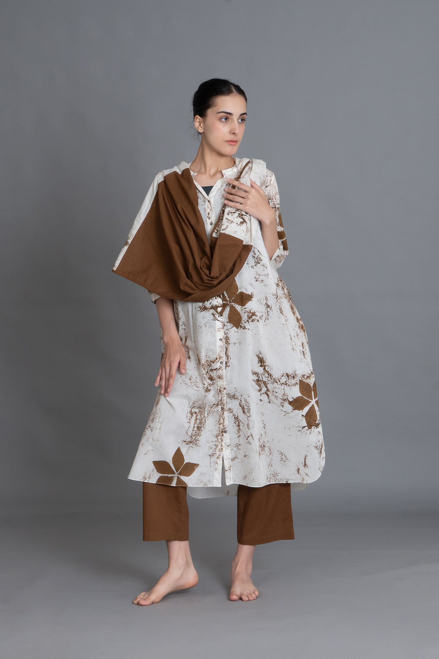 Earthy Brown Print Dress Co-ord With Scraff