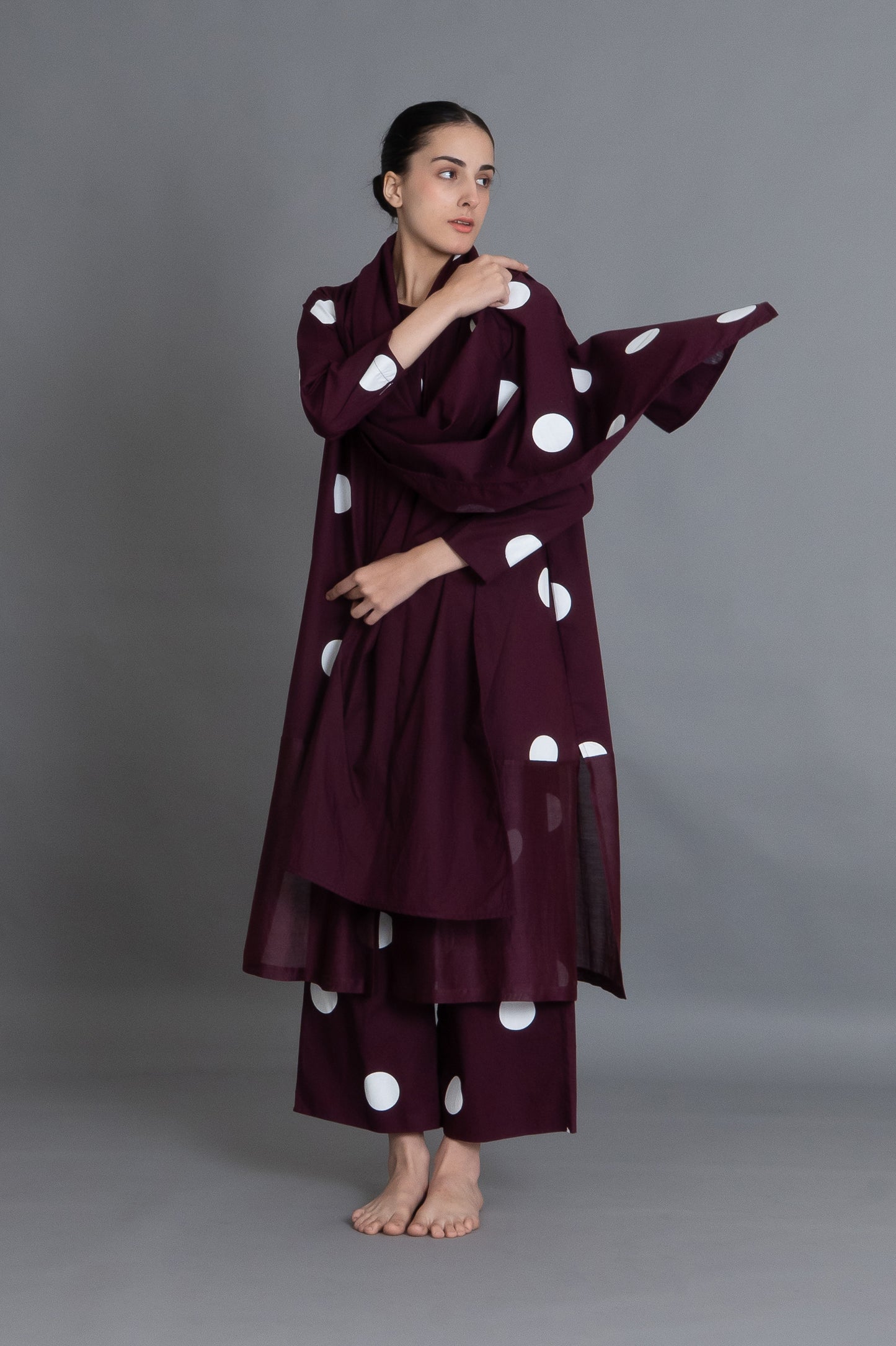 Maroon Polka Chanderi Gathered Dress Co-ord with Scraff