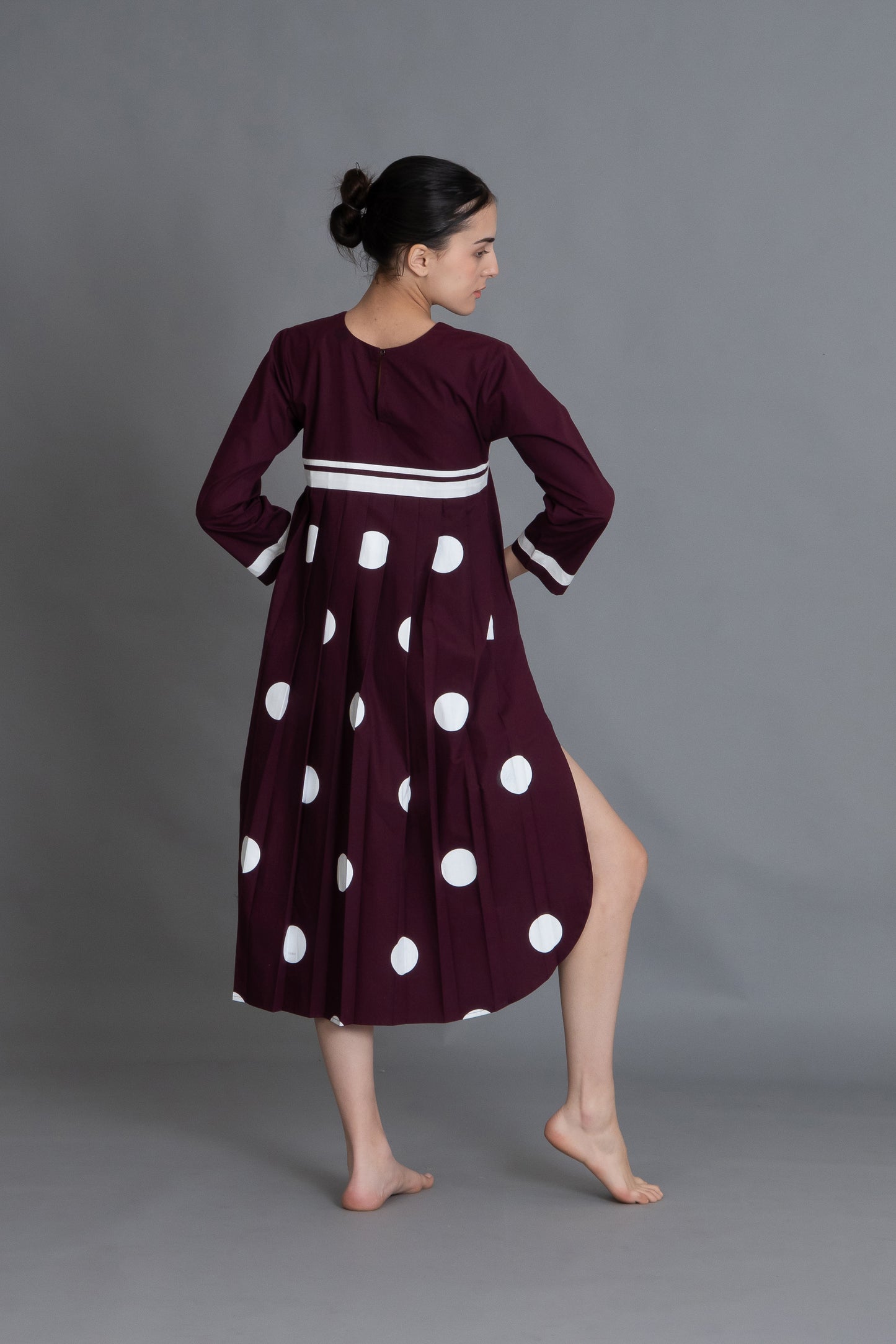 Maroon Polka Pleated Back Dress