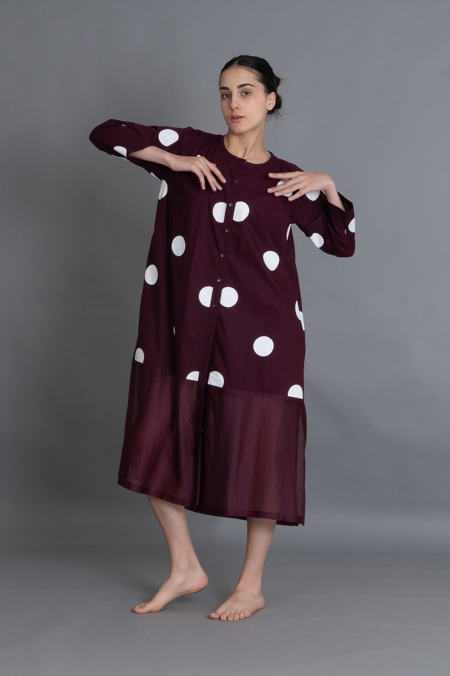 Maroon Polka Chanderi Gathered Dress