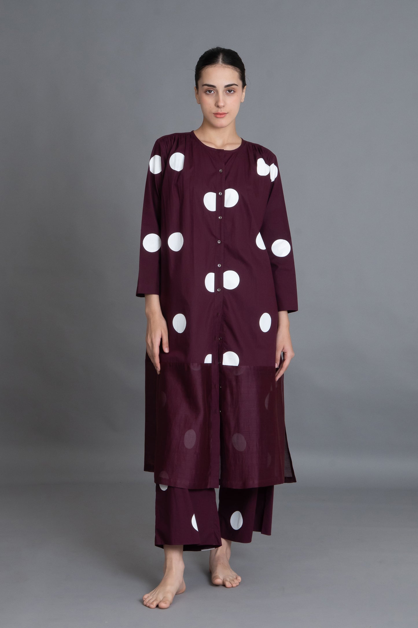 Maroon Polka Chanderi Gathered Dress Co-ord