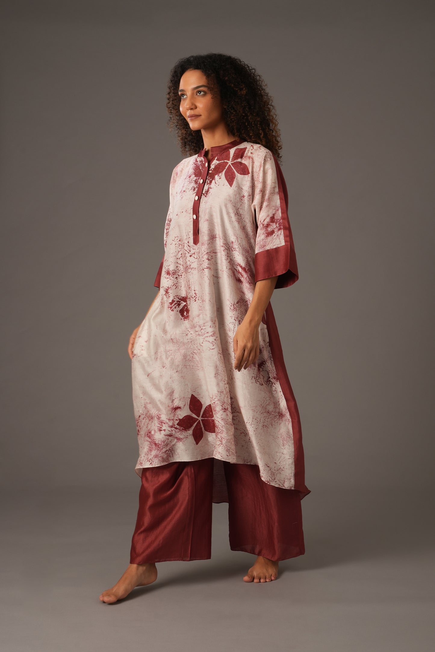 Texcher Print Gather's collar Dress with Pant & Scarff