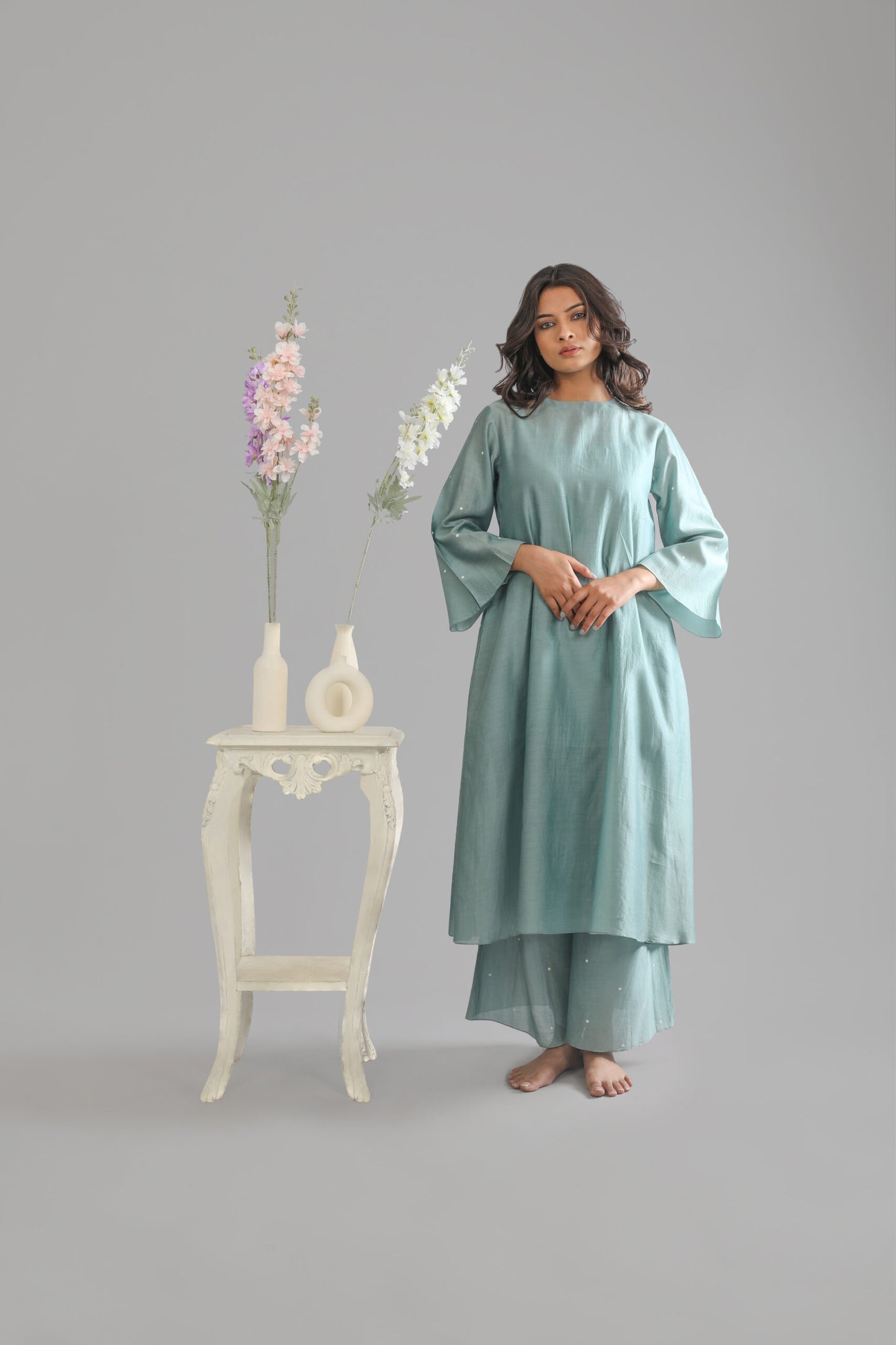 Topaz Green Round neck dress with scarf