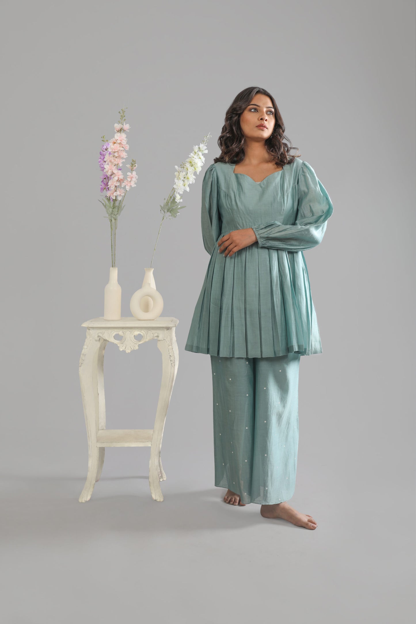 Topaz Green V - Neck box pleats top