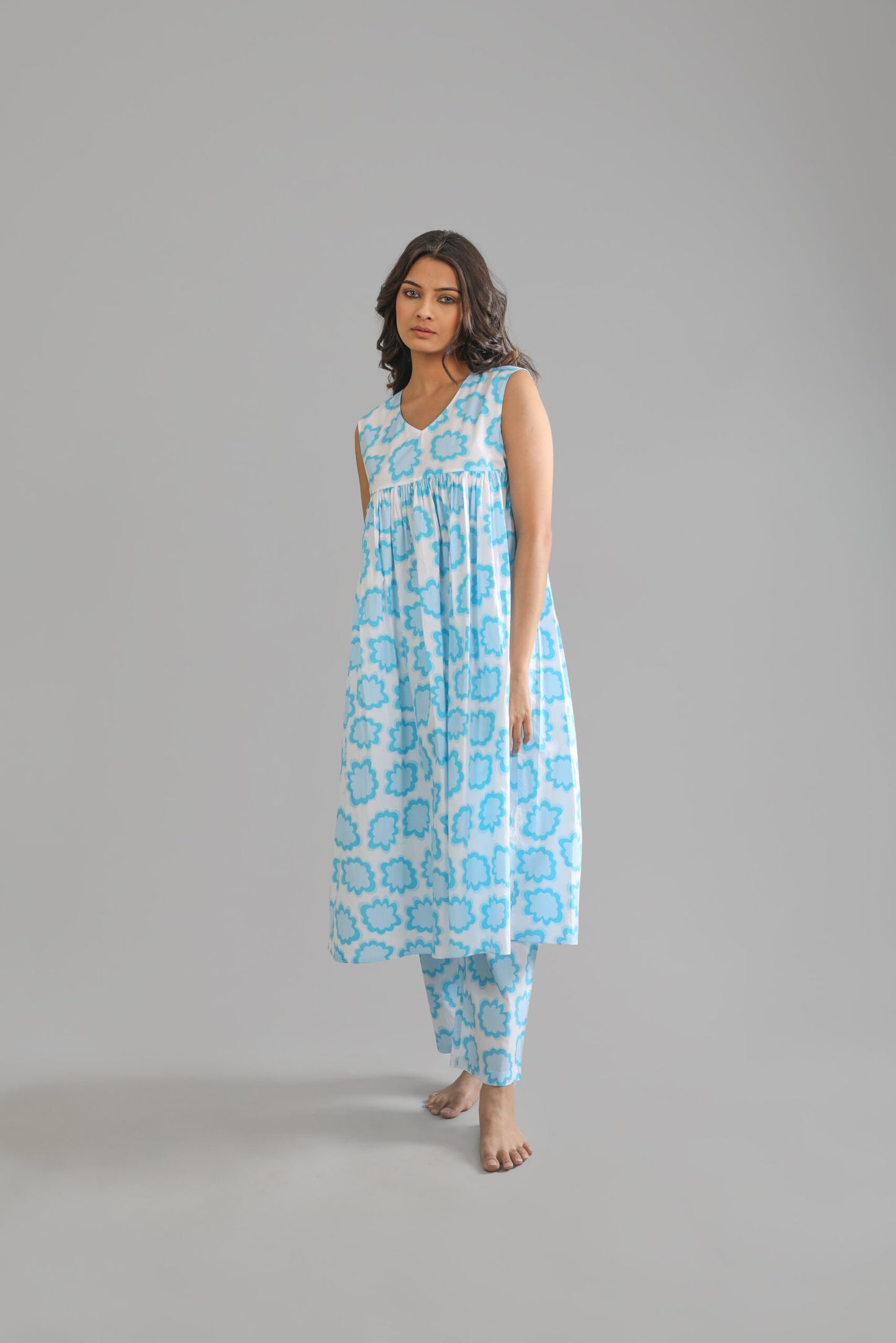 Sky V- Neck Top Style Dress With Bottom