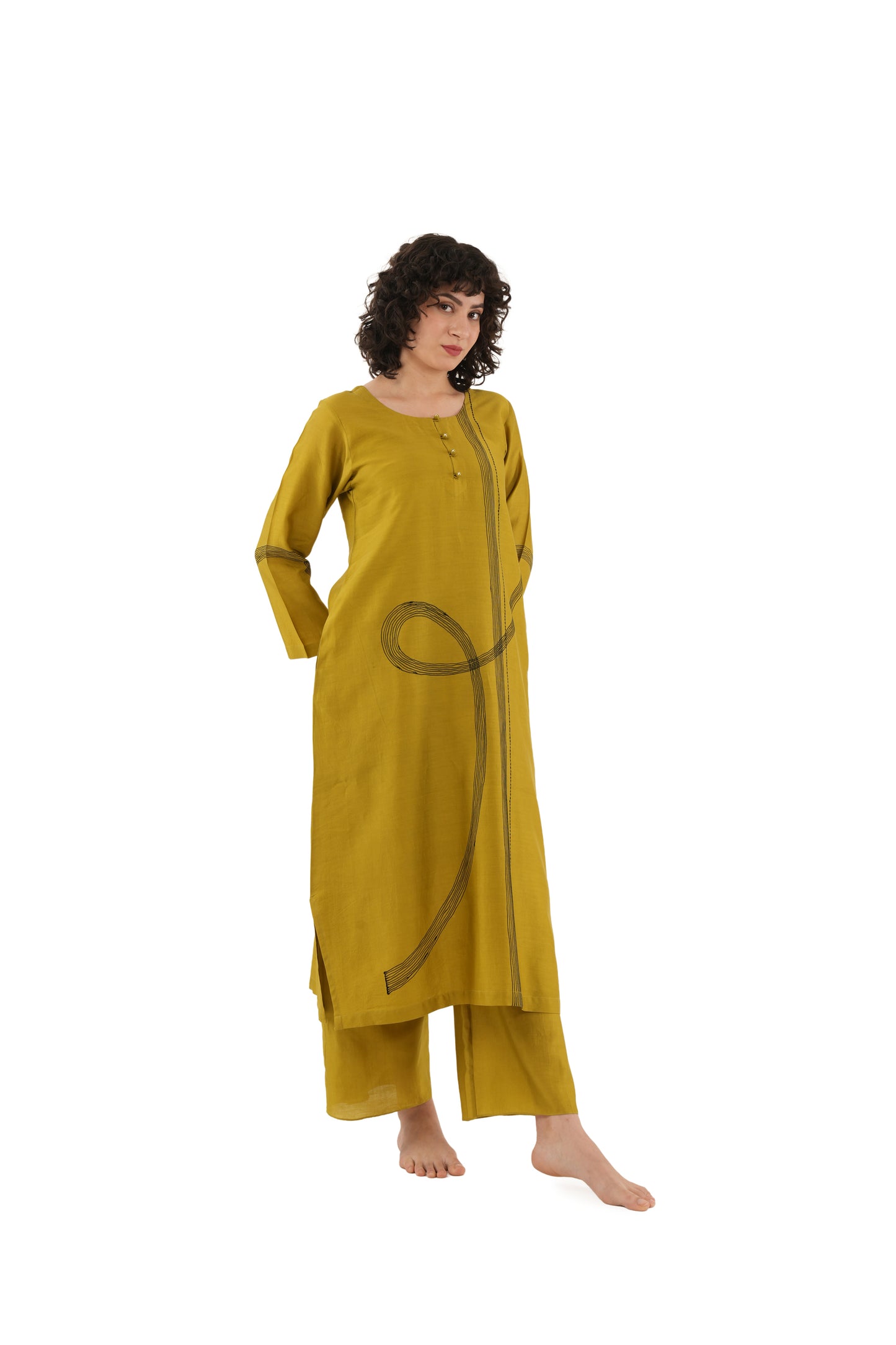 Khat olive Green Embroidery Dress with Bottom Co-ord