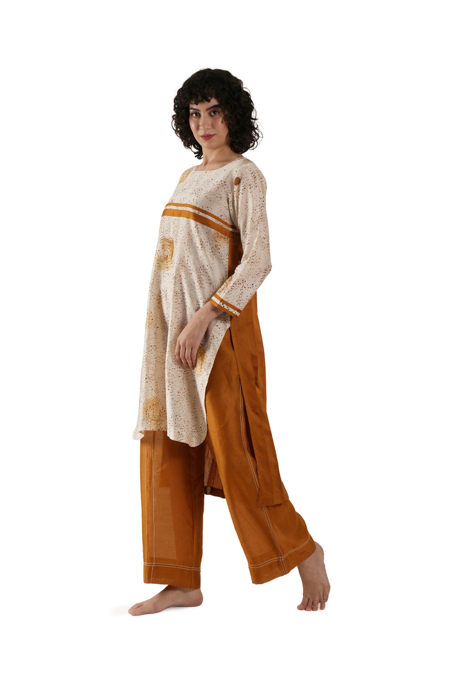 Rust Texcher print Pleated Dress Co-ord