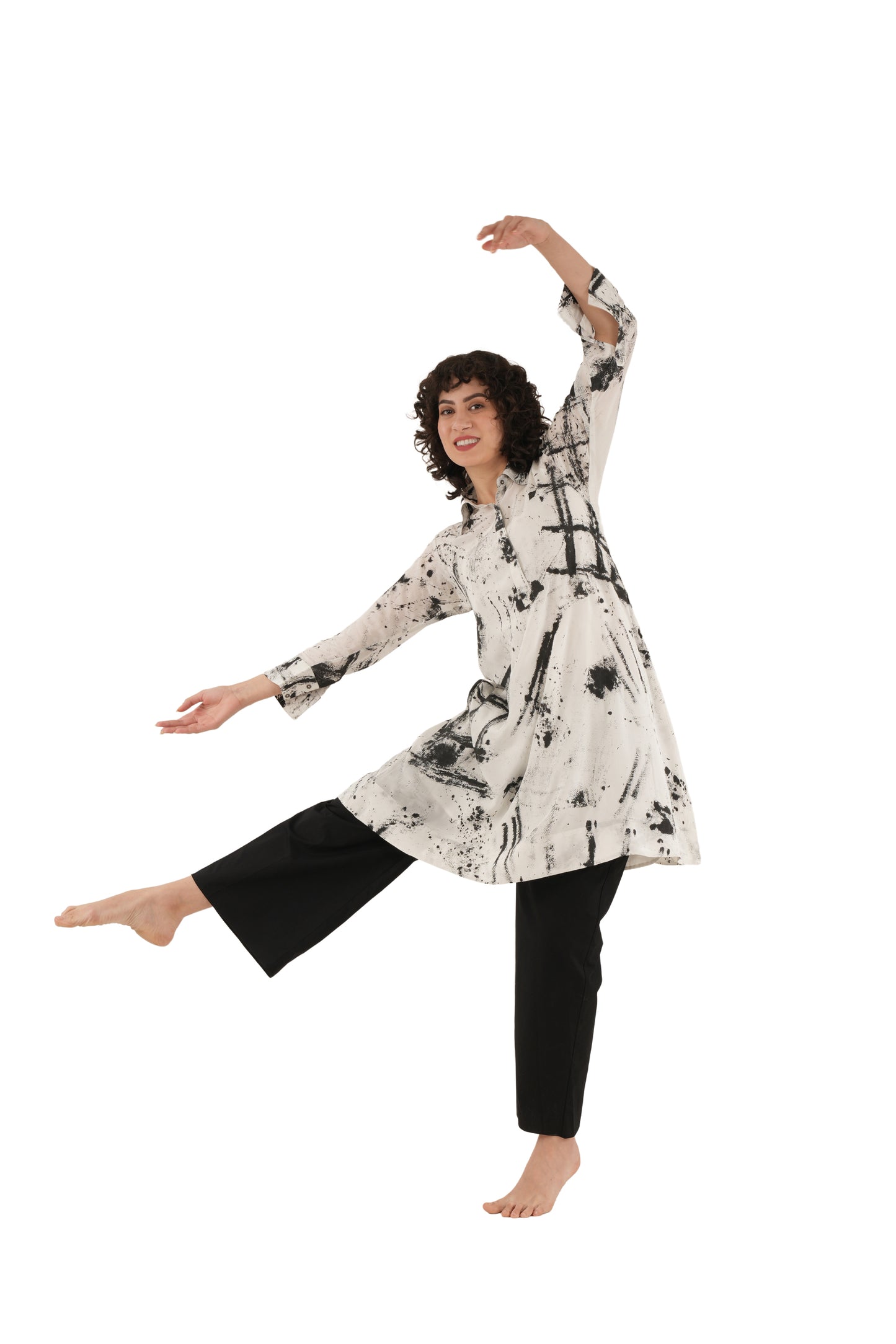 Black Silk Printed Shirt with Bottom