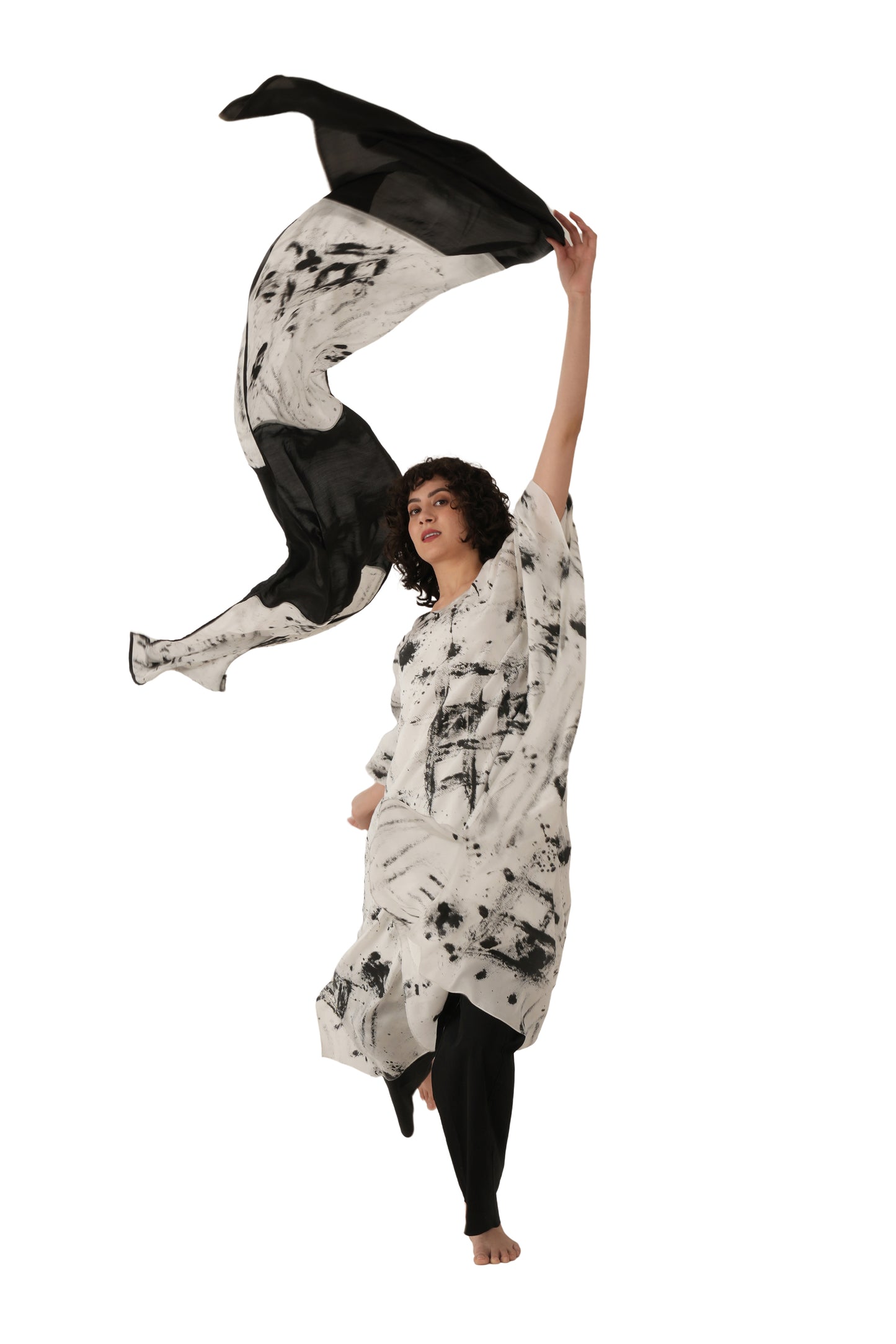 Black Silk Printed Kaftan Co-ord