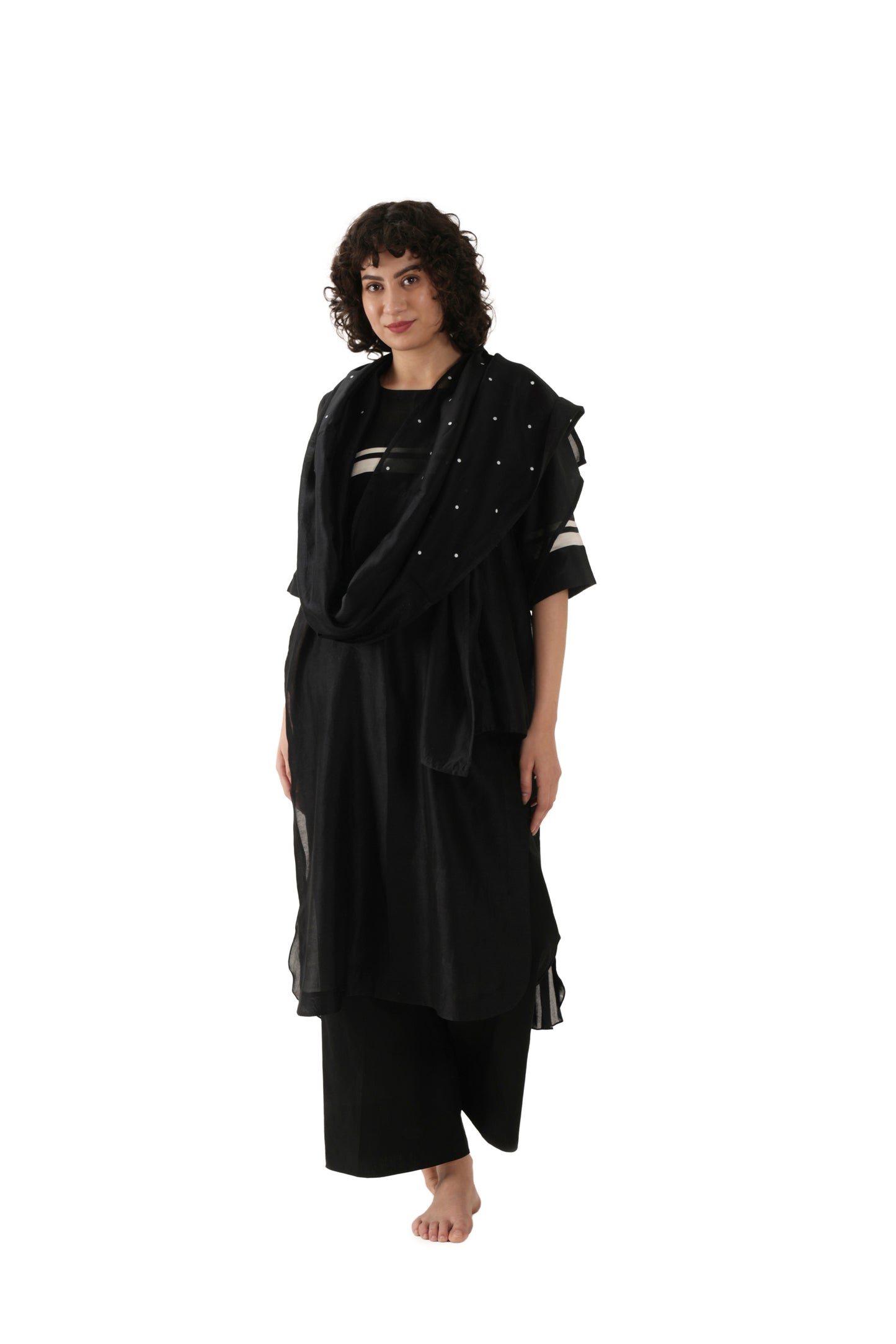 Black Round Neck Pleated Dress Co-ord