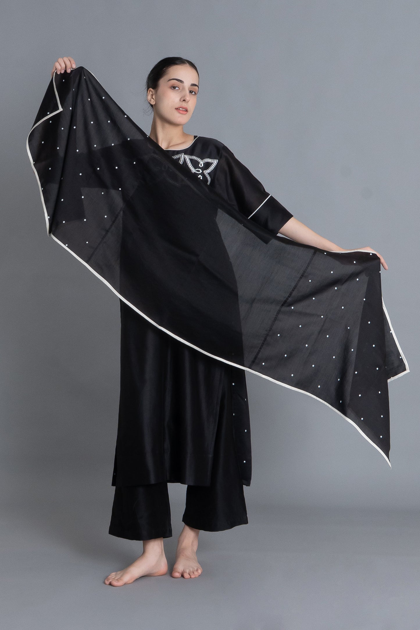 Black Floral Embroidered Pleated Dress Co-ord with Scraff