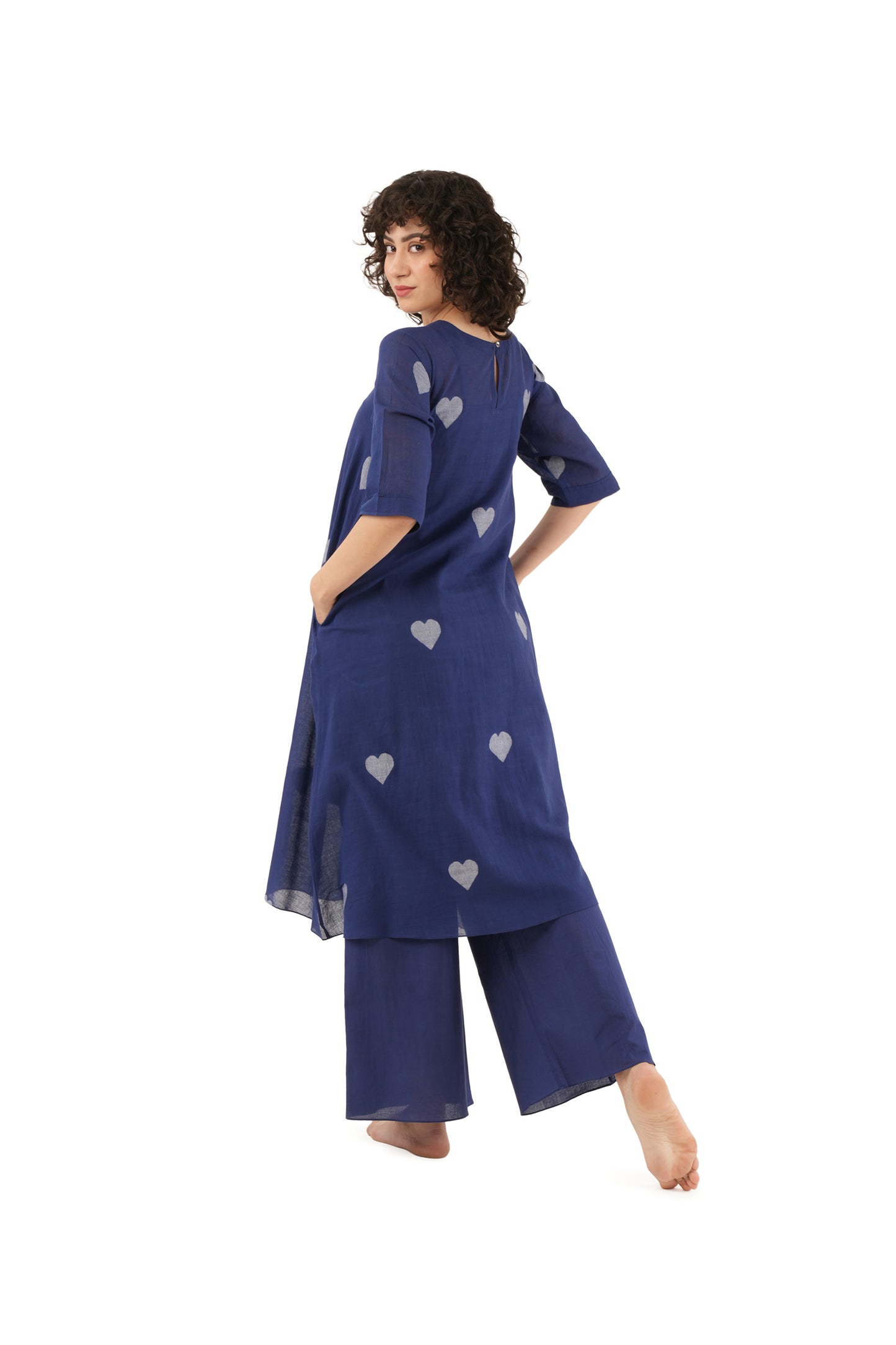 Navy Blue Heart Motif A-line Kurta Co-ord