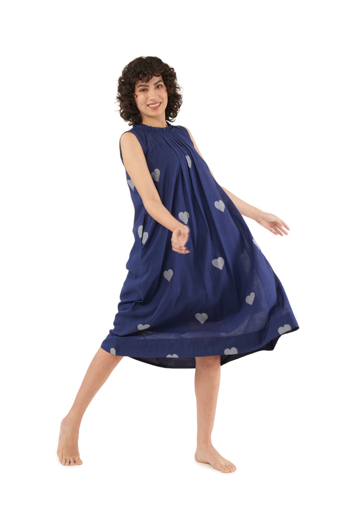 Navy Blue Heart Motif A-line Frill Dress