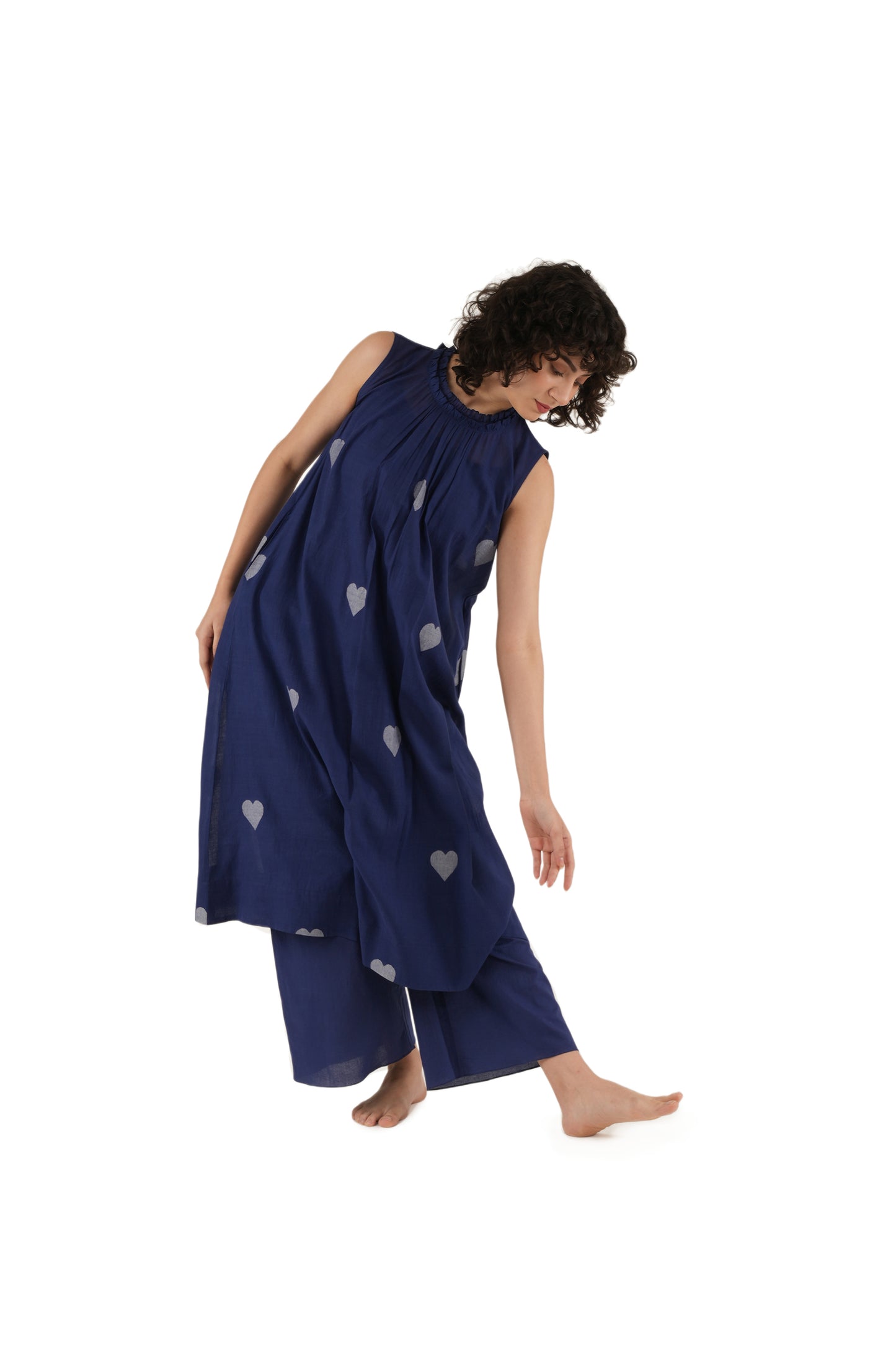 Navy Blue Heart Motif A-line Frill Dress With Bottom