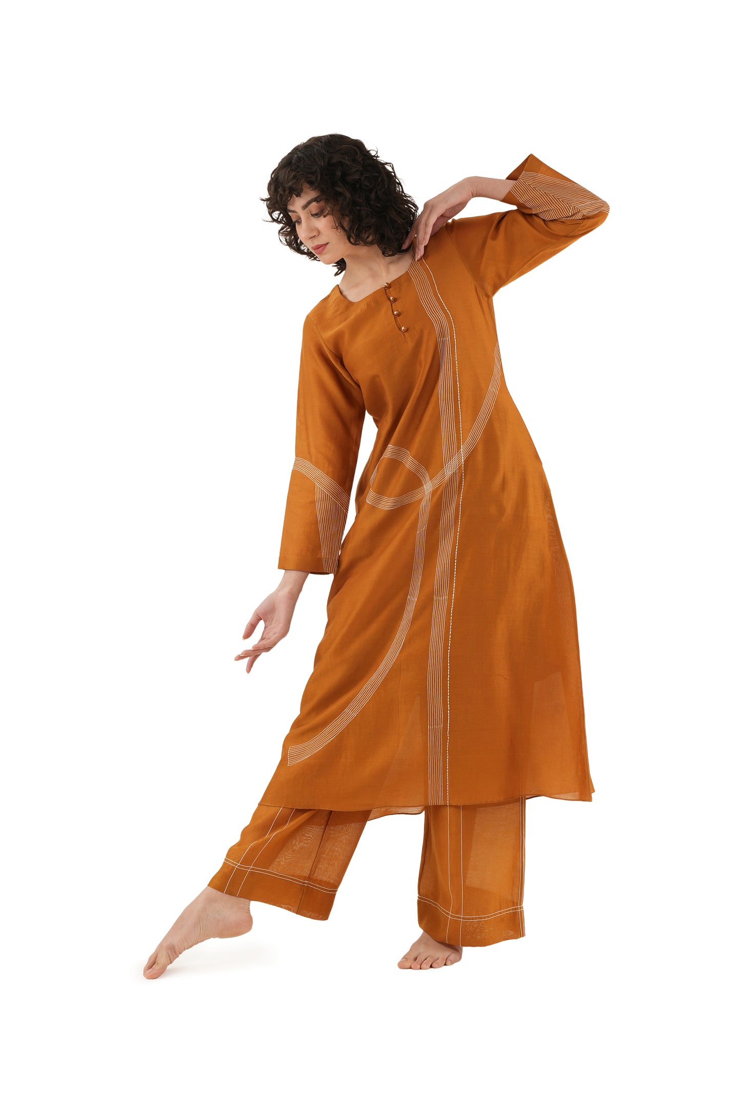 Rust Hand-Embroidered Straight Kurta with Bottom