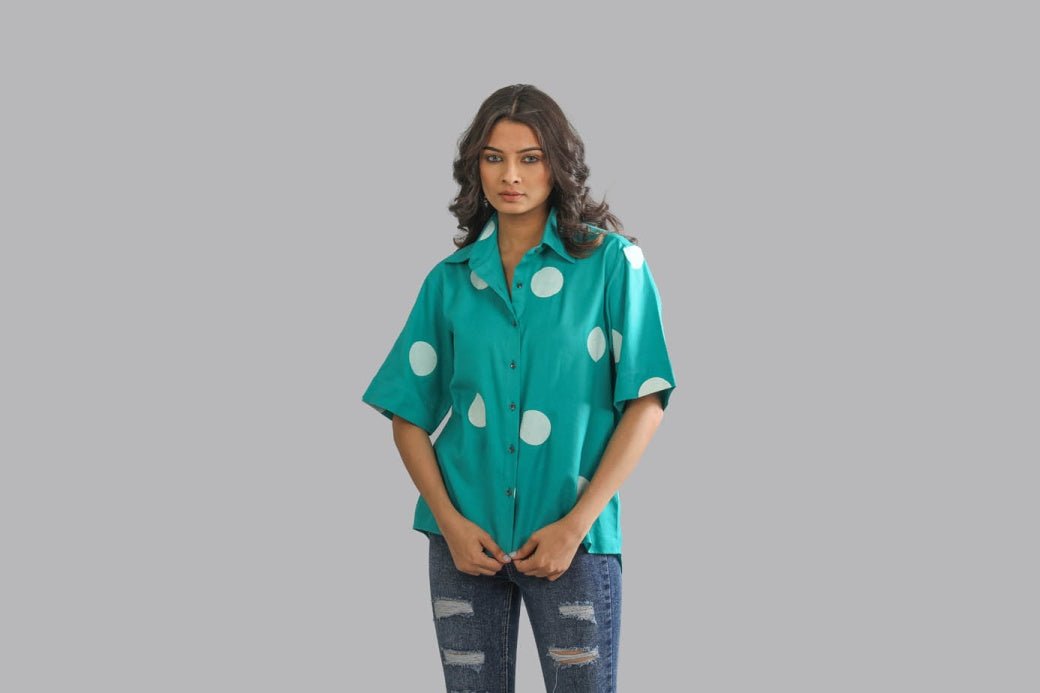 Green white polka short shirt