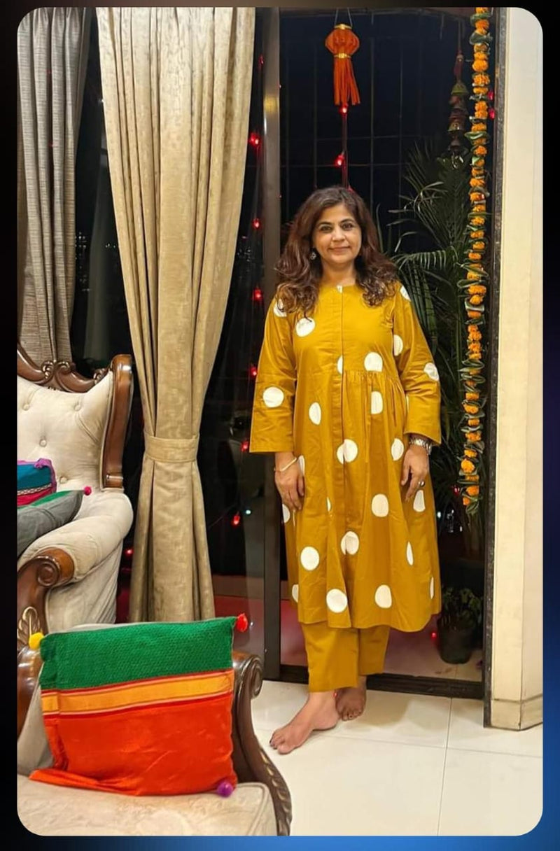 Our Best Customer, Our Pride – In Mustard Bright White Polka Gathered Dress