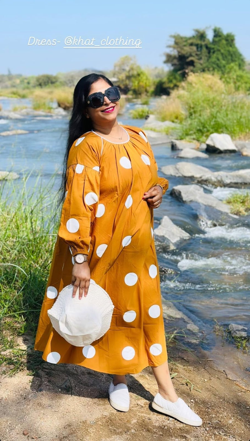 Nivedita Dutta Roy in Our Mustard Bright White Polka Dress