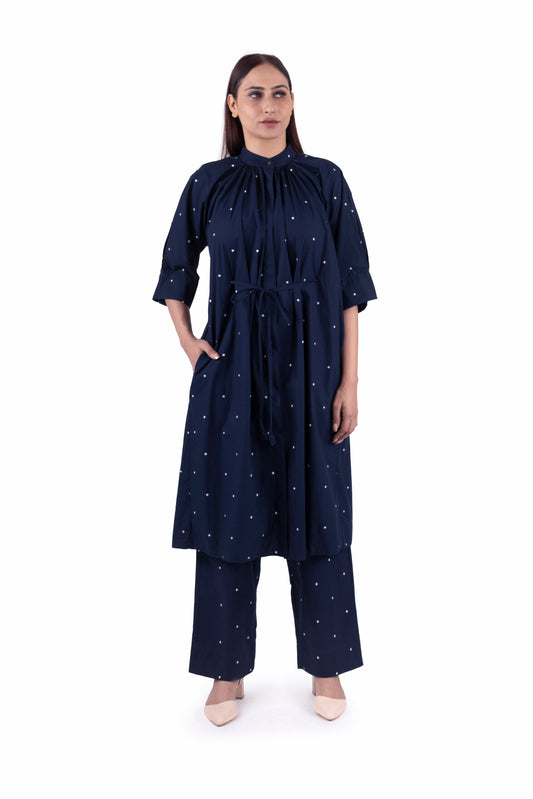 Navy Blue Dot print pleated Dress Co-ord