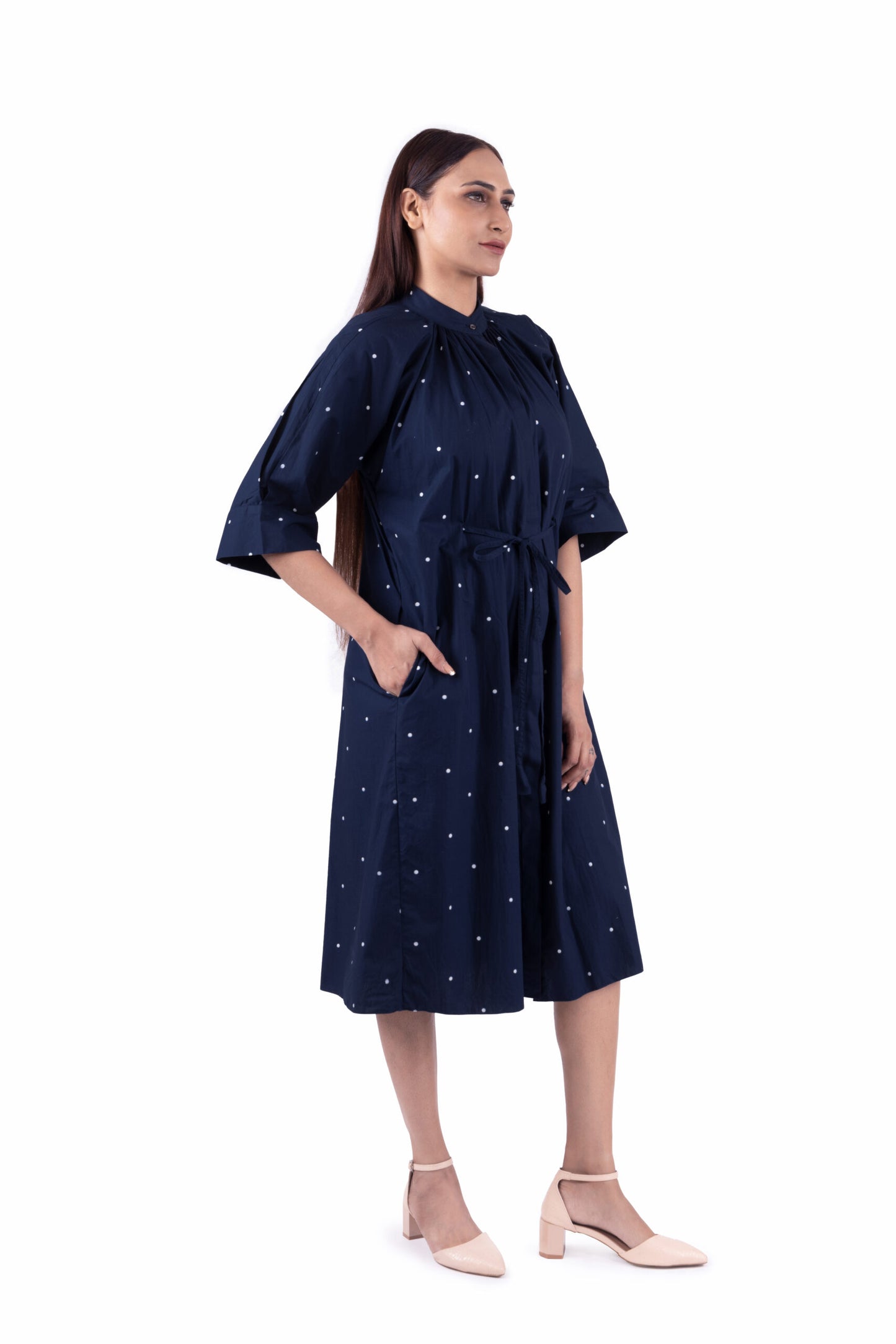 Navy Blue Dot Print Pleated Dress