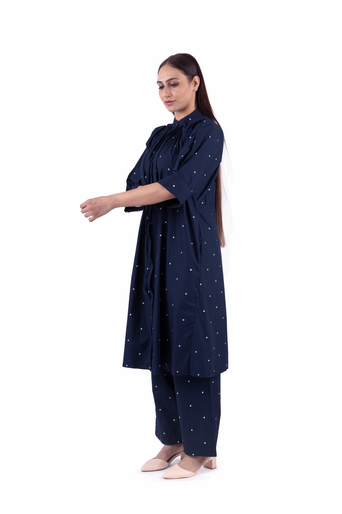 Navy Blue Dot print pleated Dress Co-ord