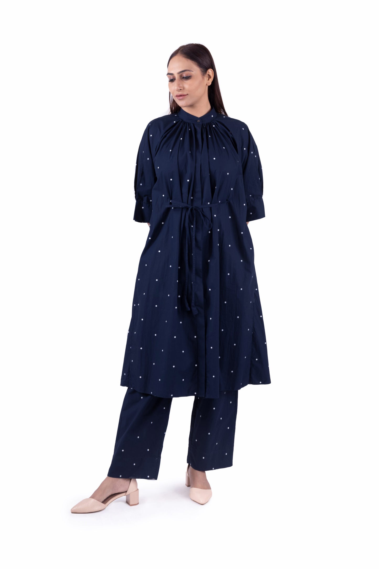 Navy Blue Dot print pleated Dress Co-ord