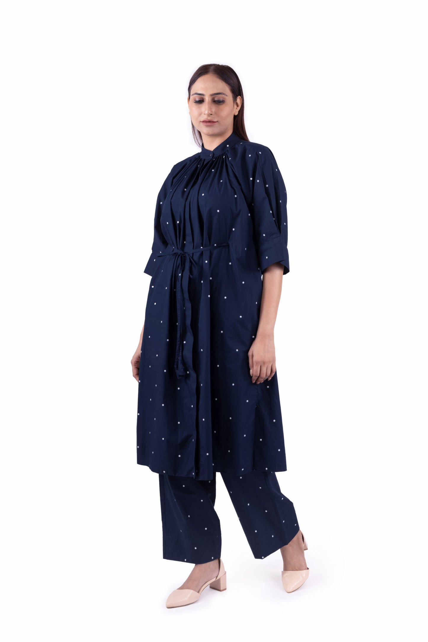 Navy Blue Dot print pleated Dress Co-ord