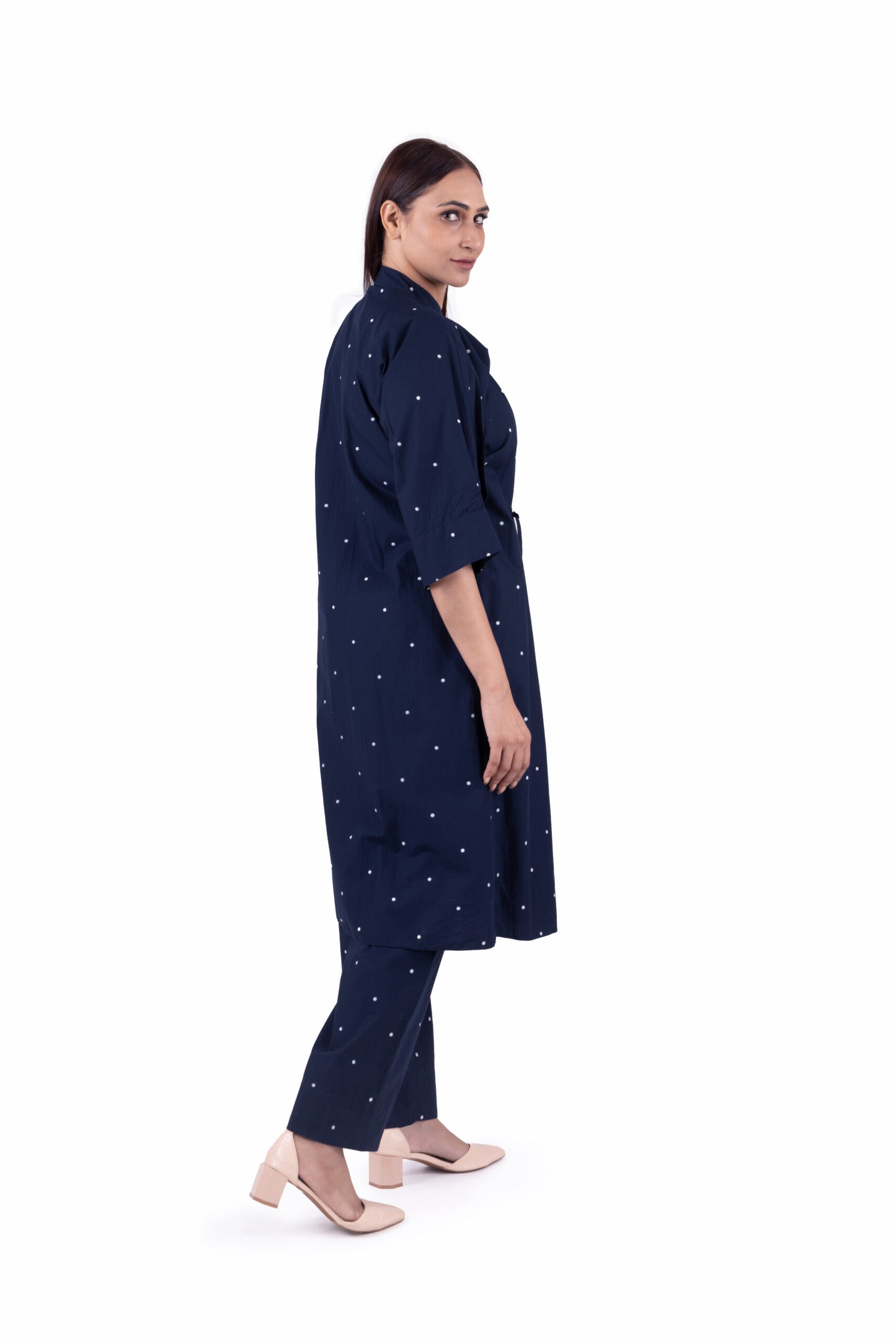 Navy Blue Dot print pleated Dress Co-ord