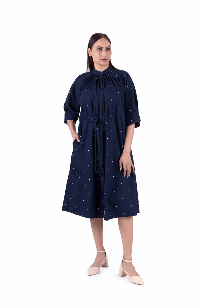 Navy Blue Dot Print Pleated Dress