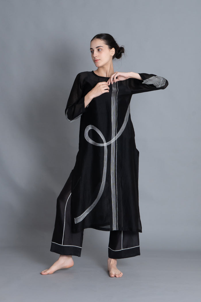 Khat Pantone Embroidered Dress Co-ord (Black Chanderi Dress)