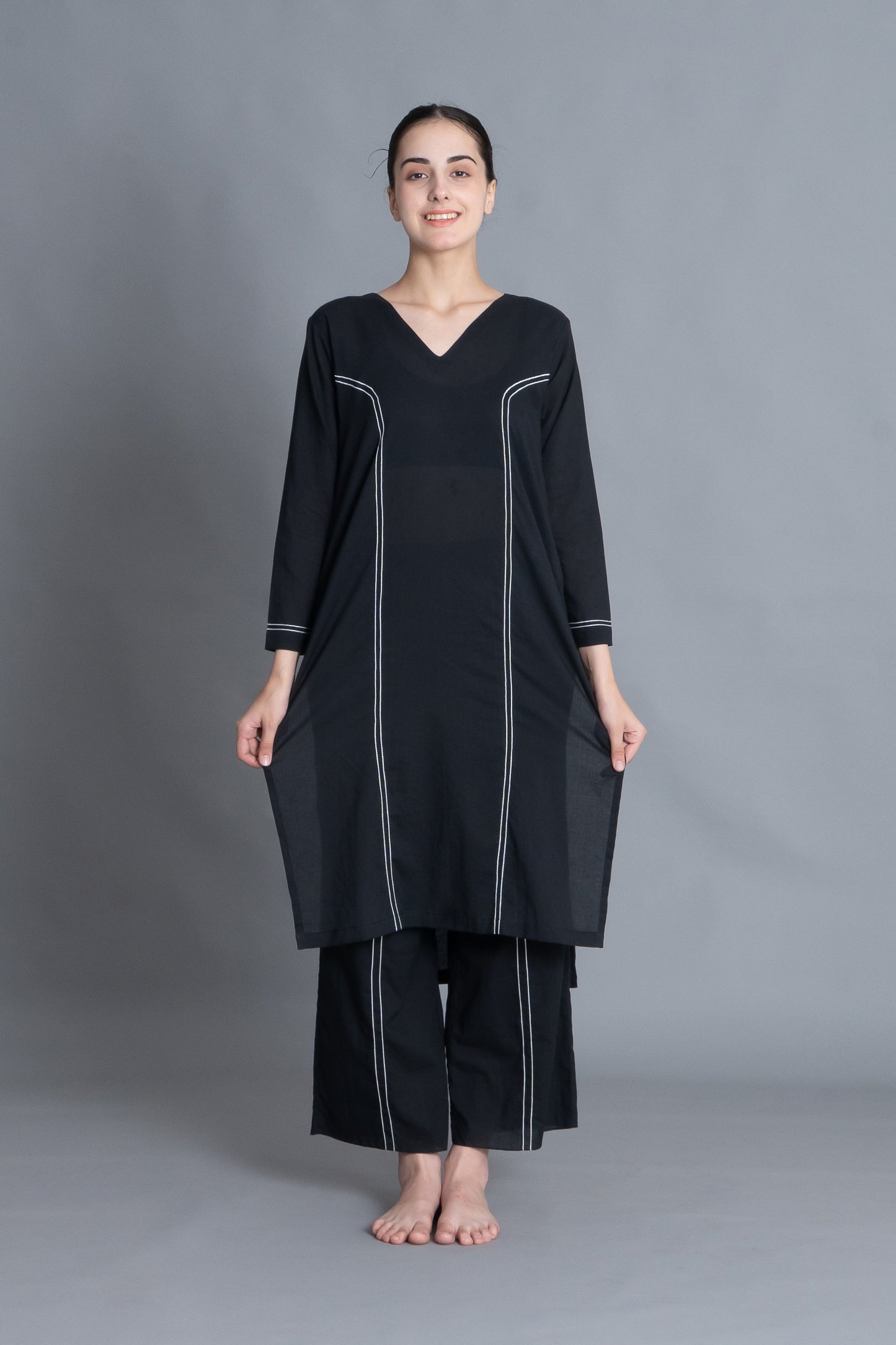 Noir Embroidered V-Neck Dress