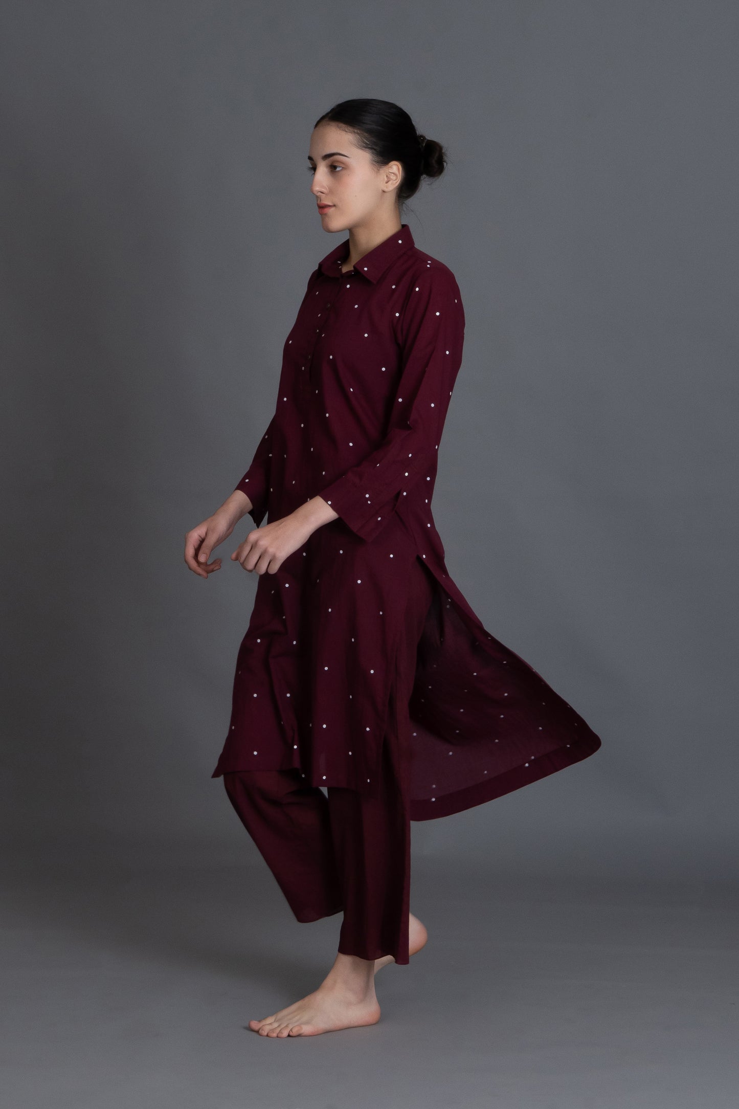 Burgundy Dot Front-Open Shirt Co-ord
