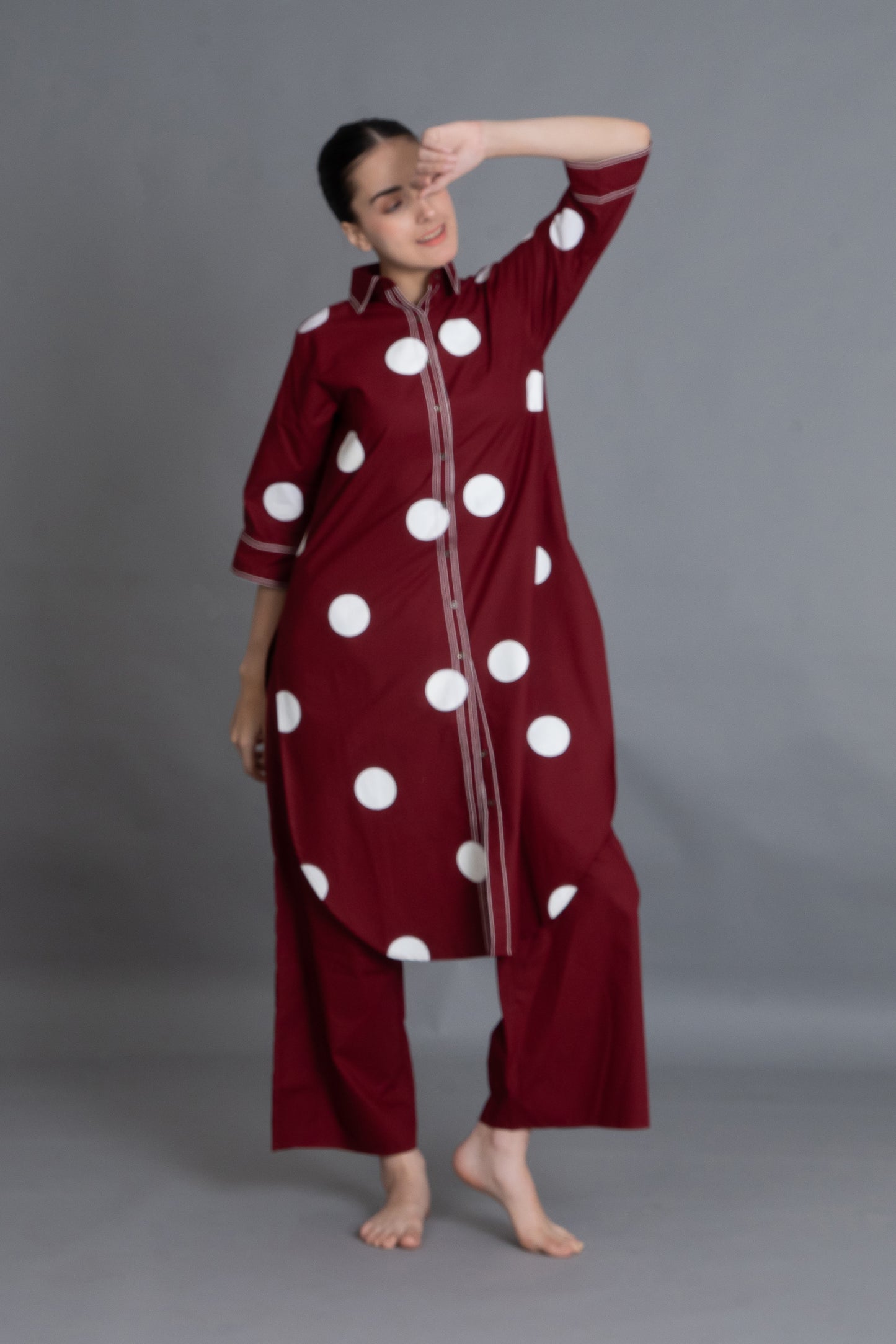 Crimson Embroidered Polka Shirt Co-ord