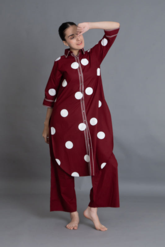 Crimson Embroidered Polka Shirt Co-ord