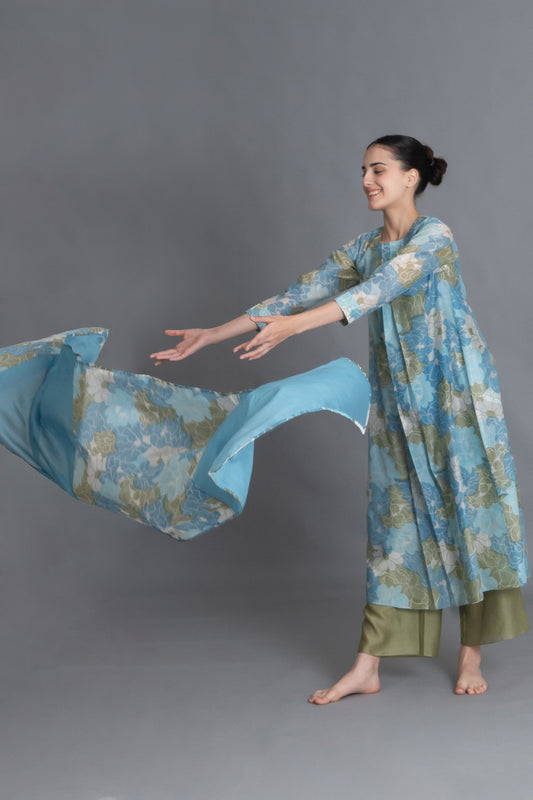 Ocean Blue Floral Print Dress Co-ord with Scraff