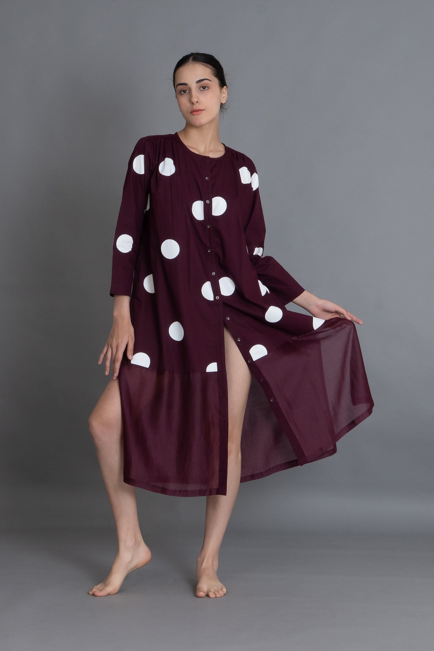 Maroon Polka Chanderi Gathered Dress