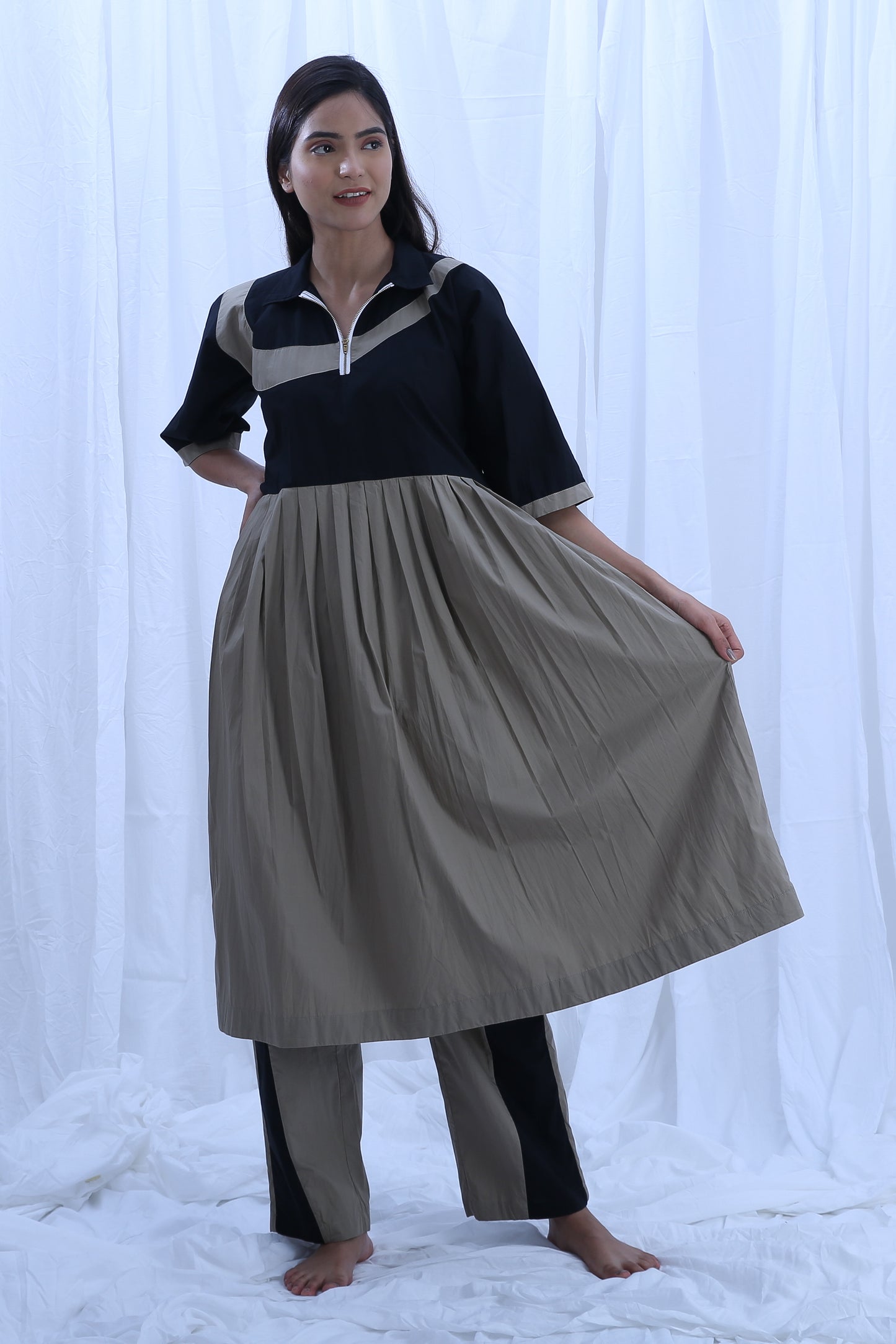 Earthy Grayish Collar Pleated  Dress Co-ord