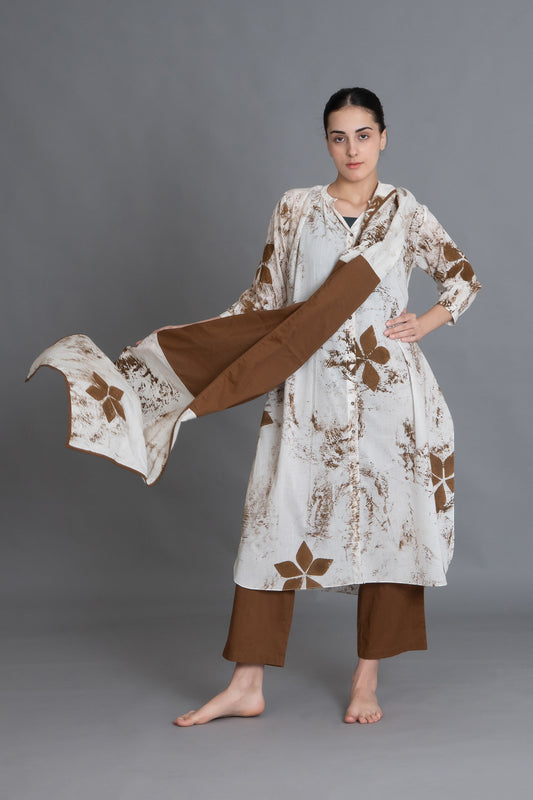 Earthy Brown Print Dress Co-ord With Scraff