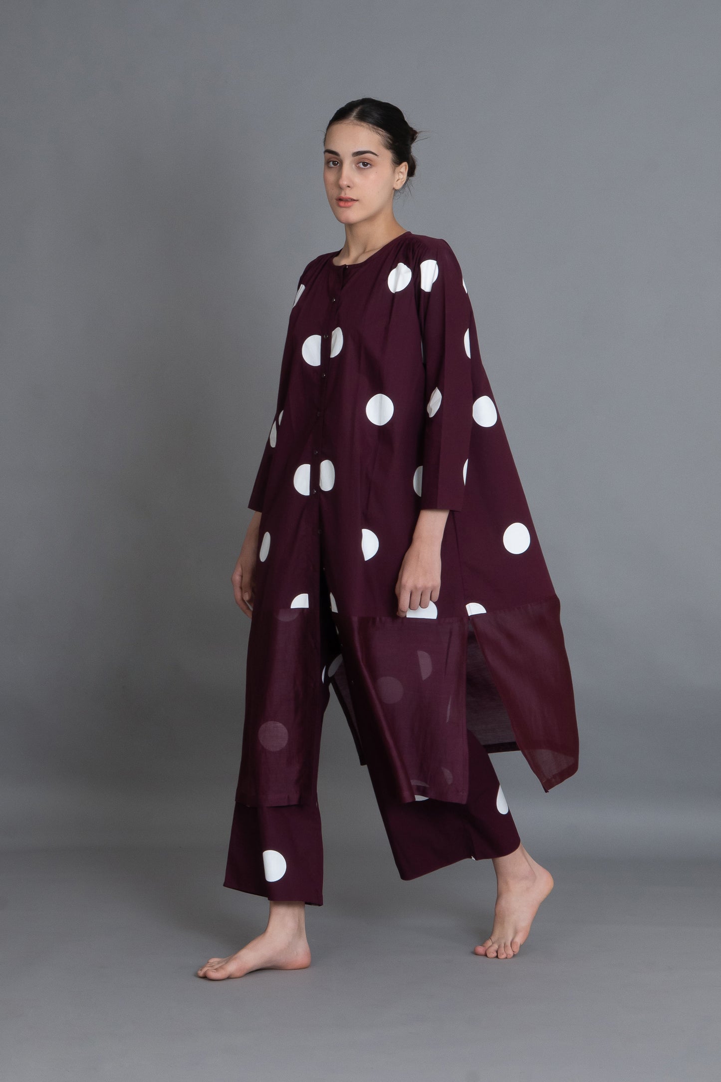 Maroon Polka Chanderi Gathered Dress Co-ord