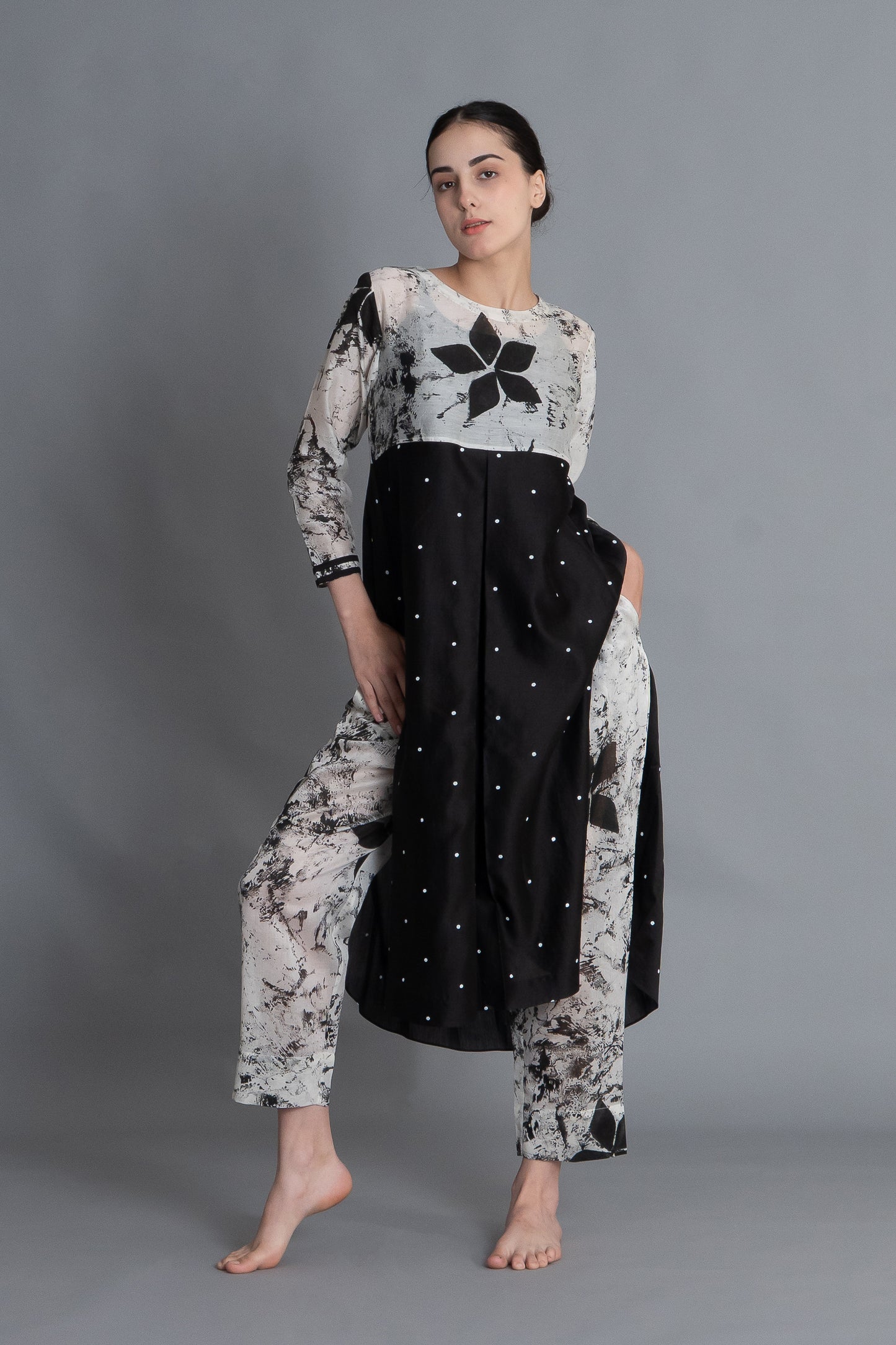 Black Textured Print Dress Co-ord