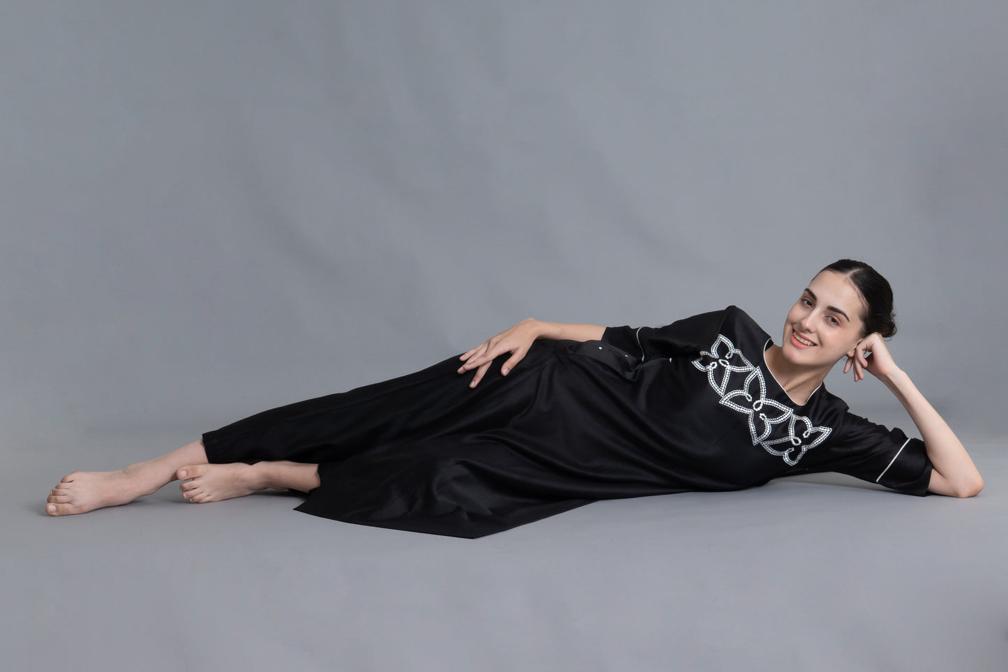 Black Floral Embroidered Pleated Dress Co-ord