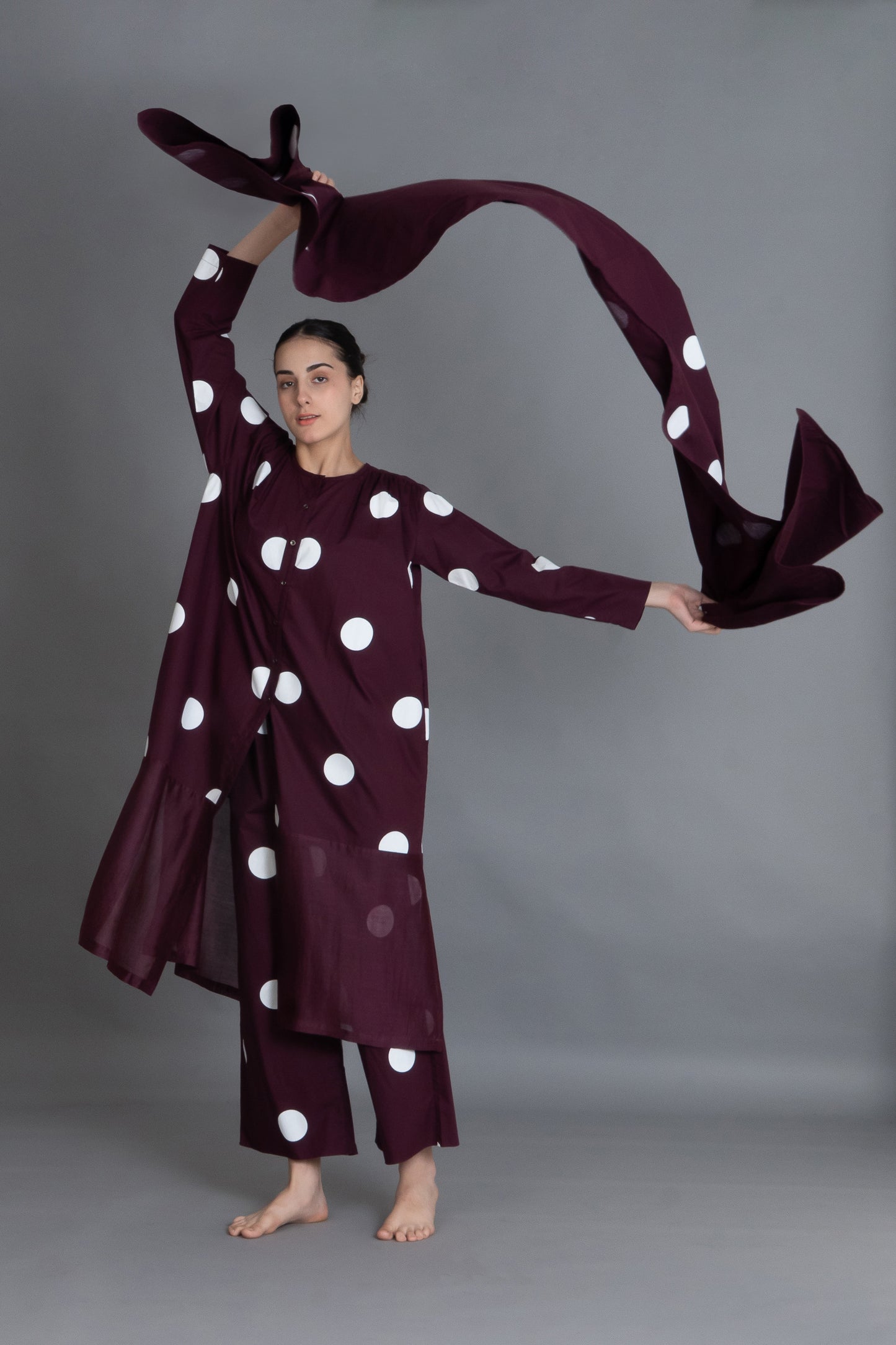 Maroon Polka Chanderi Gathered Dress Co-ord with Scraff