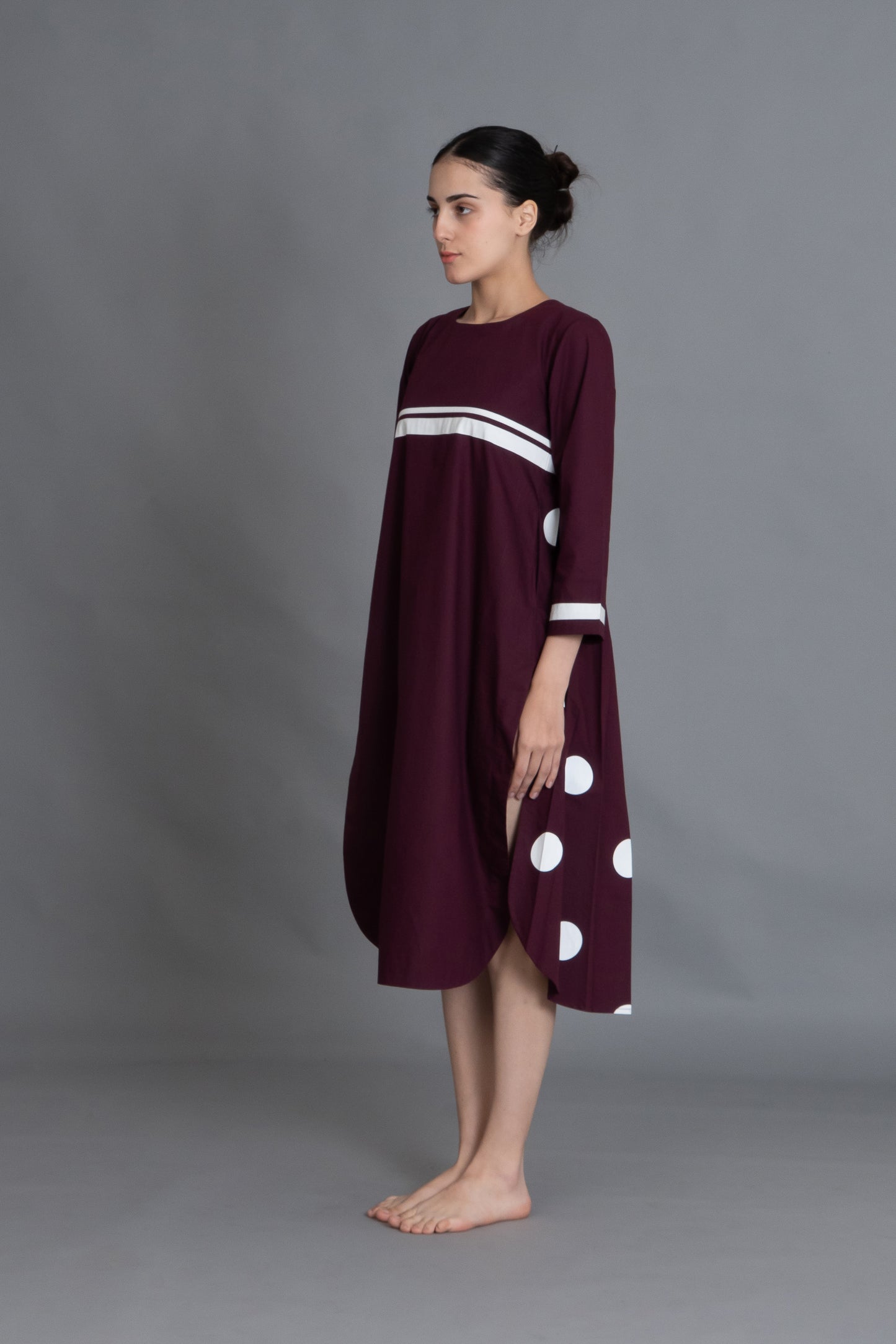 Maroon Polka Pleated Back Dress