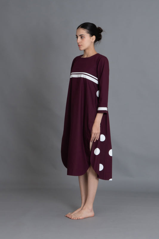 Maroon Polka Pleated Back Dress