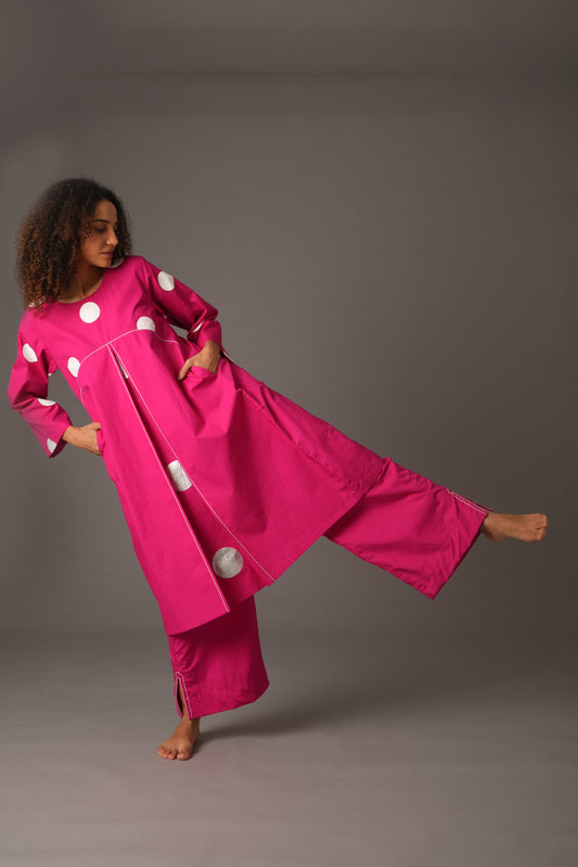 Pink Round Neck Box Pleated Dress with Pant