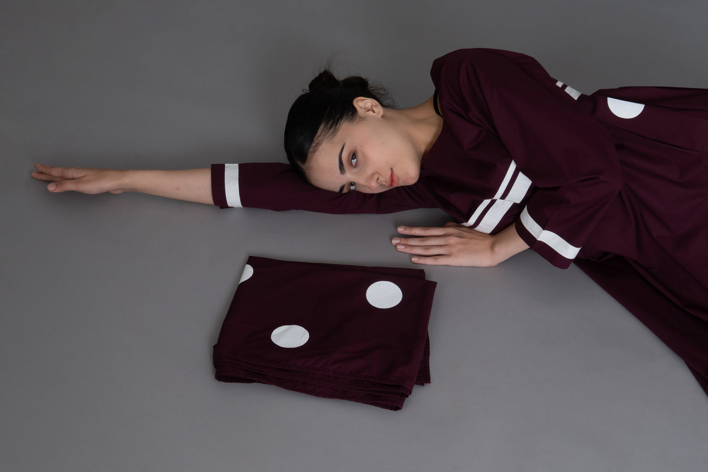 Maroon Polka Pleated Back Dress  Co-ord with Scraff